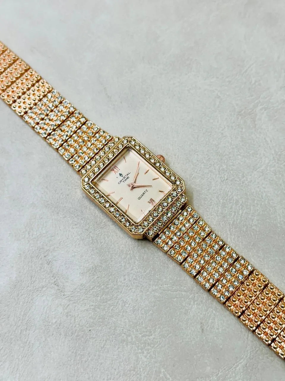 Luxury Women's Golden Rectangular Stainless Steel Watch - Crystal-Encrusted Roman Numeral Quartz Wristwatch