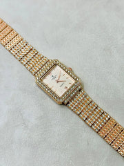 Luxury Women's Golden Rectangular Stainless Steel Watch - Crystal-Encrusted Roman Numeral Quartz Wristwatch