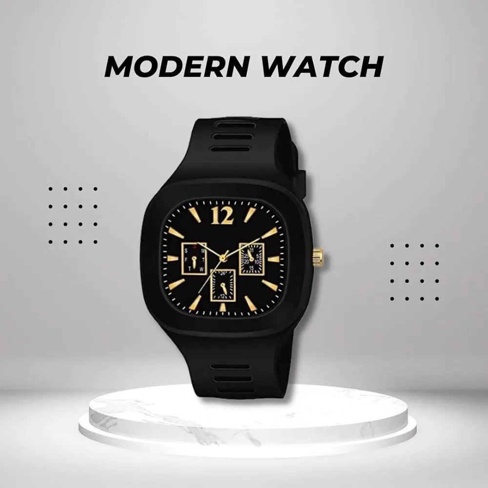 Men's Modern Black & Gold Accent Analog Watch with Silicone Strap