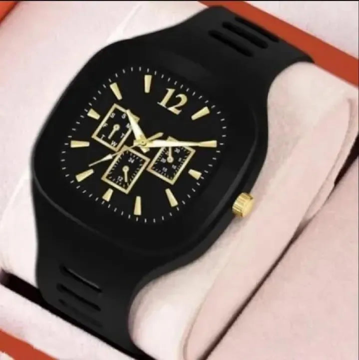 Men's Modern Black & Gold Accent Analog Watch with Silicone Strap