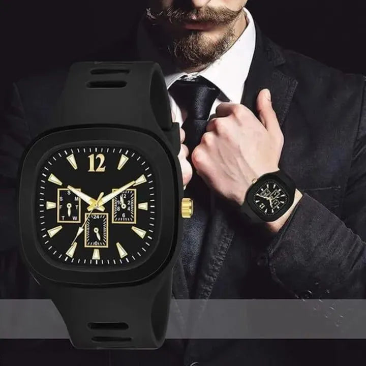 Men's Modern Black & Gold Accent Analog Watch with Silicone Strap