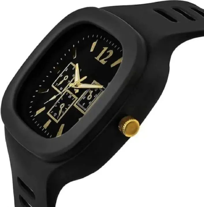 Men's Modern Black & Gold Accent Analog Watch with Silicone Strap