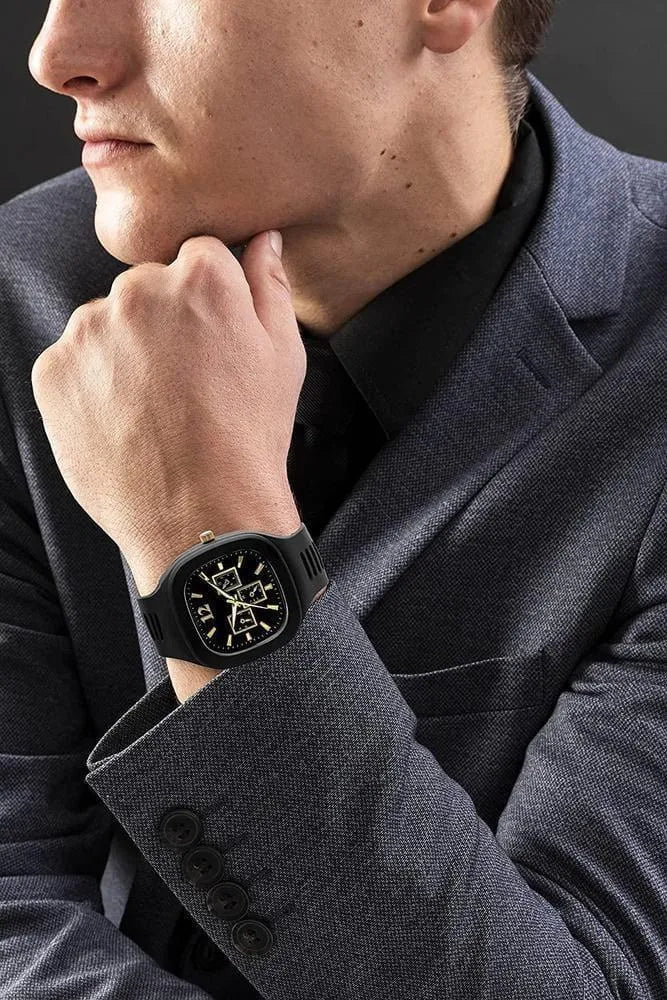 Men's Modern Black & Gold Accent Analog Watch with Silicone Strap
