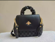 Trendy Black Printed Rexine Shoulder Bag - Stylish Bee Pin & Gold Chain Handbag For Girls