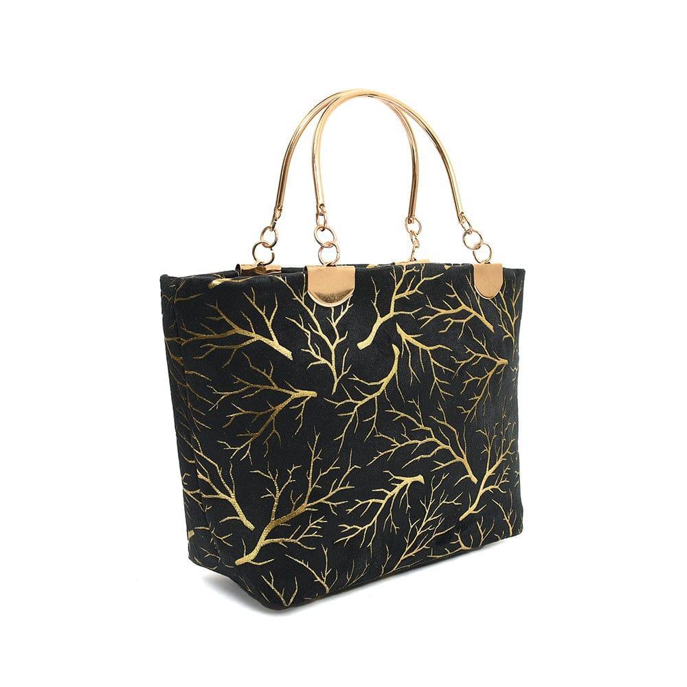 Elegant Black Printed Velvet Handbag For Girls - Stylish Top-Handle Party Wear Purse