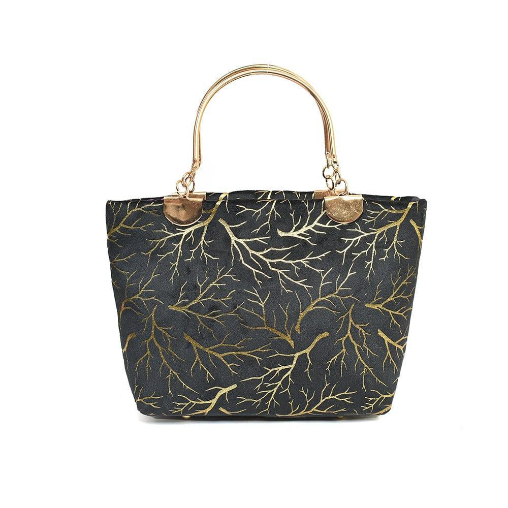 Elegant Black Printed Velvet Handbag For Girls - Stylish Top-Handle Party Wear Purse