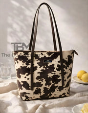Trendy Cow Print Tote Bag For Women - Black & White Canvas Shoulder Handbag