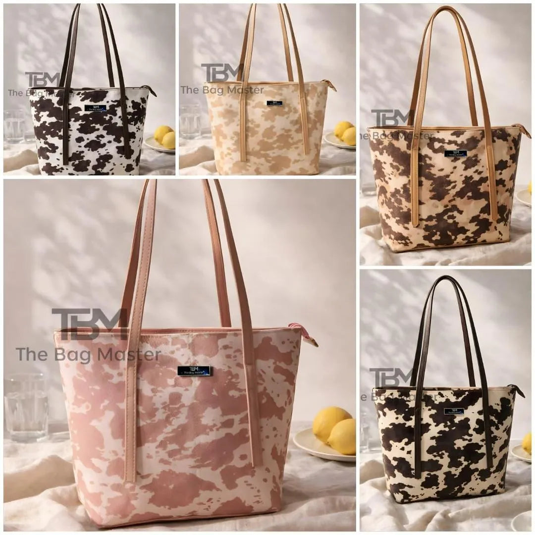 Trendy Cow Print Tote Bag For Women - Black & White Canvas Shoulder Handbag
