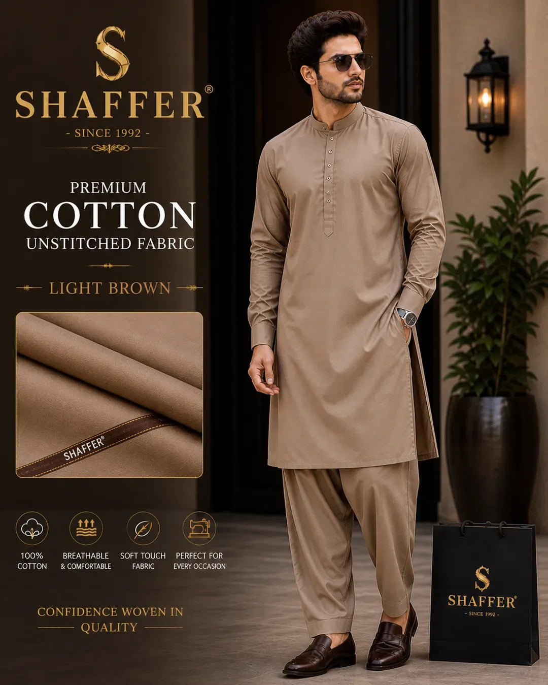 Men's Light Brown Unstitched Cotton Suit – Premium Summer Wear for Elegant Style