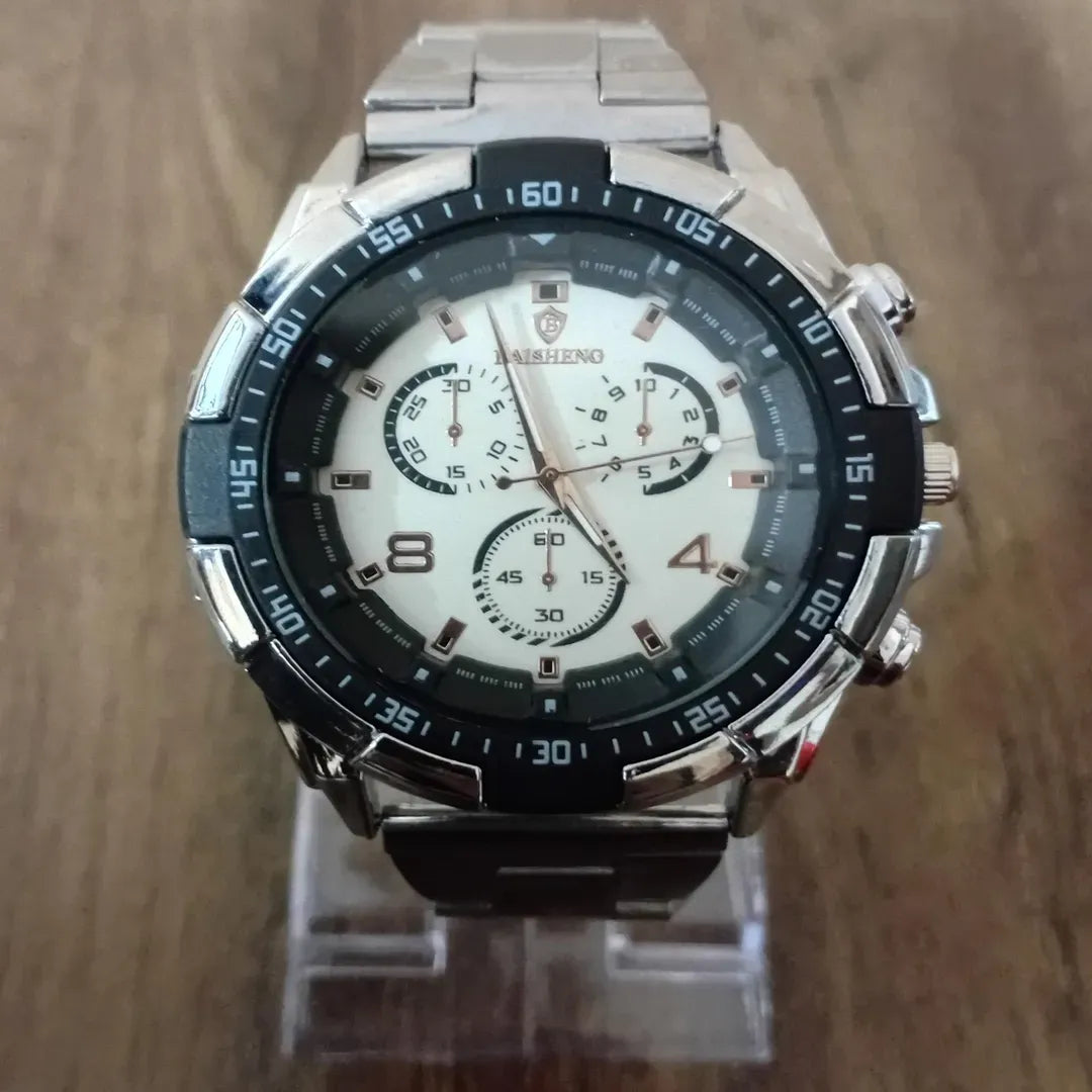 Men's Modern Stylish Silver Chain Watch with Box – Random Multicolor Dial Accent