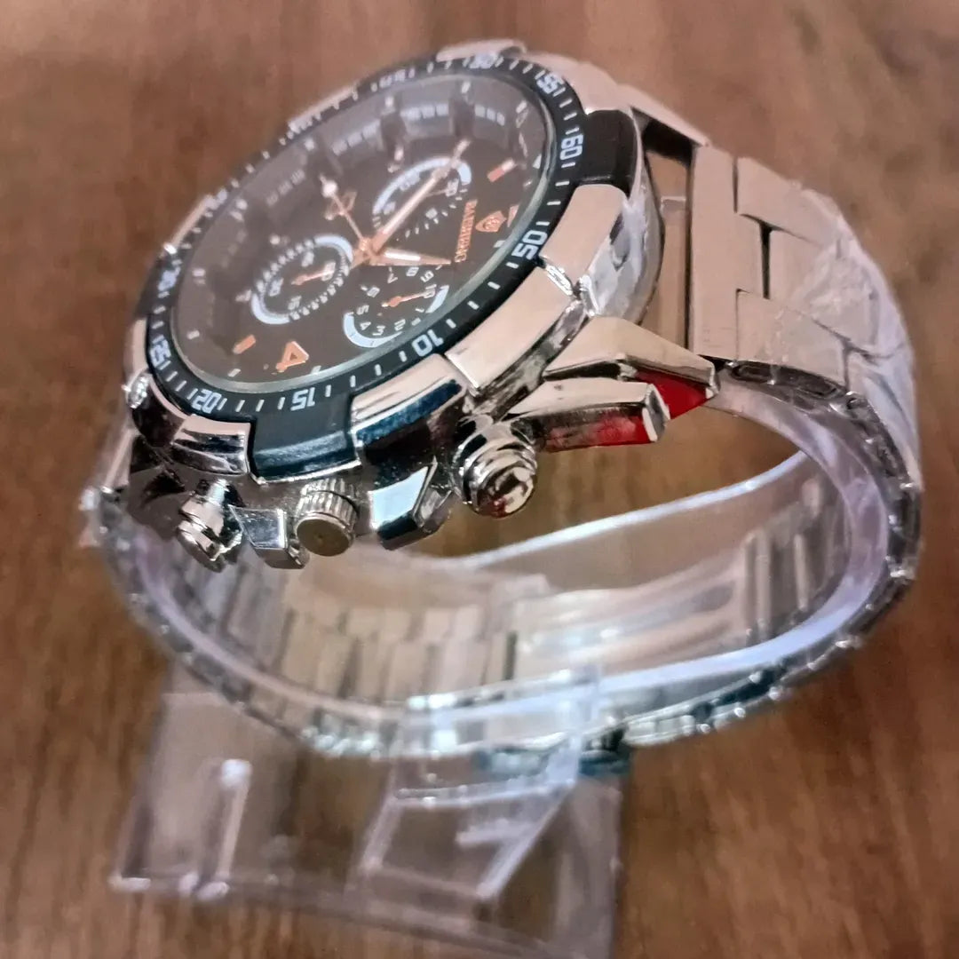 Men's Modern Stylish Silver Chain Watch with Box – Random Multicolor Dial Accent