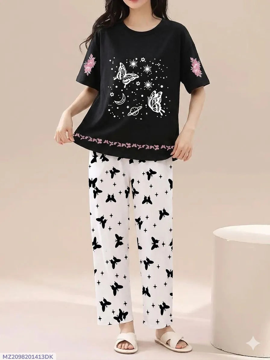 Women's 2-Piece Black Printed Cotton Jersey Loungewear Set - Soft Round Neck Sleep Shirt & Trouser