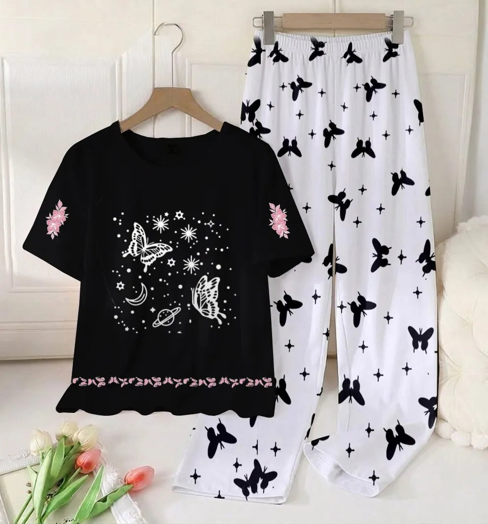 Women's 2-Piece Black Printed Cotton Jersey Loungewear Set - Soft Round Neck Sleep Shirt & Trouser
