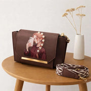 Trendy Illustration Printed Leather Handbag - Compact Crossbody Purse With Zigzag Strap