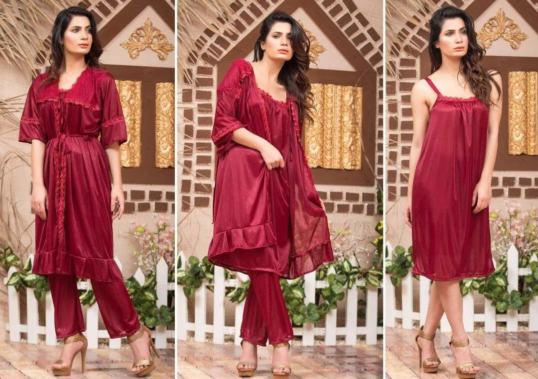 Luxury Women's 3-Piece Maroon Silk Night Suit Set - Elegant Lace Night Robe, Sleep Shirt & Trouser Set