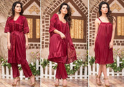 Luxury Women's 3-Piece Maroon Silk Night Suit Set - Elegant Lace Night Robe, Sleep Shirt & Trouser Set
