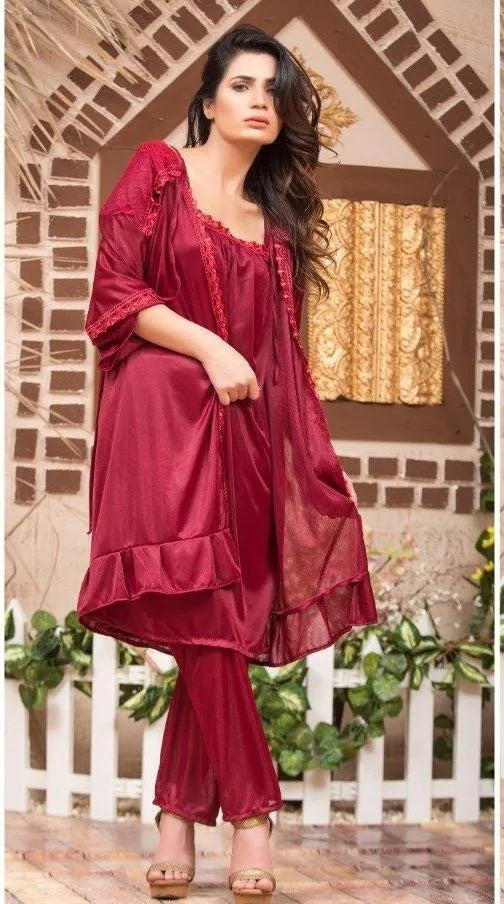 Luxury Women's 3-Piece Maroon Silk Night Suit Set - Elegant Lace Night Robe, Sleep Shirt & Trouser Set