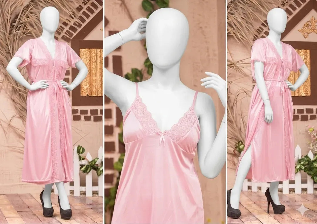 Women's 3-Piece Pink Silk Nightwear Set with Lace Detail (Gown, Shirt & Trouser)