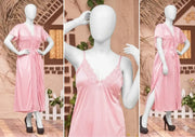 Women's 3-Piece Pink Silk Nightwear Set with Lace Detail (Gown, Shirt & Trouser)