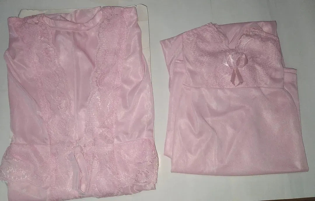 Women's 3-Piece Pink Silk Nightwear Set with Lace Detail (Gown, Shirt & Trouser)