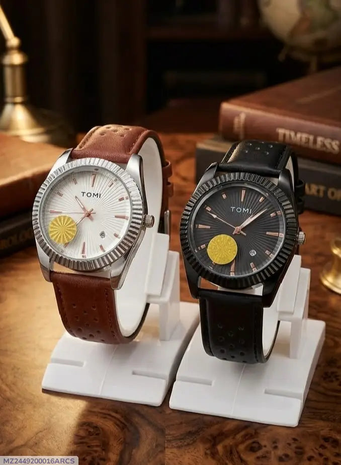 Men's Stylish Multicolor Leather Strap Watch with Working Date Display