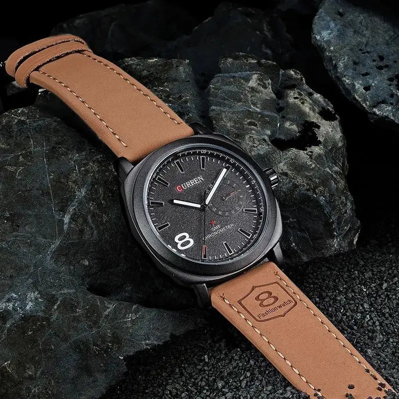 Curren Men's Premium Brown Leather Strap Quartz Watch with Black Dial