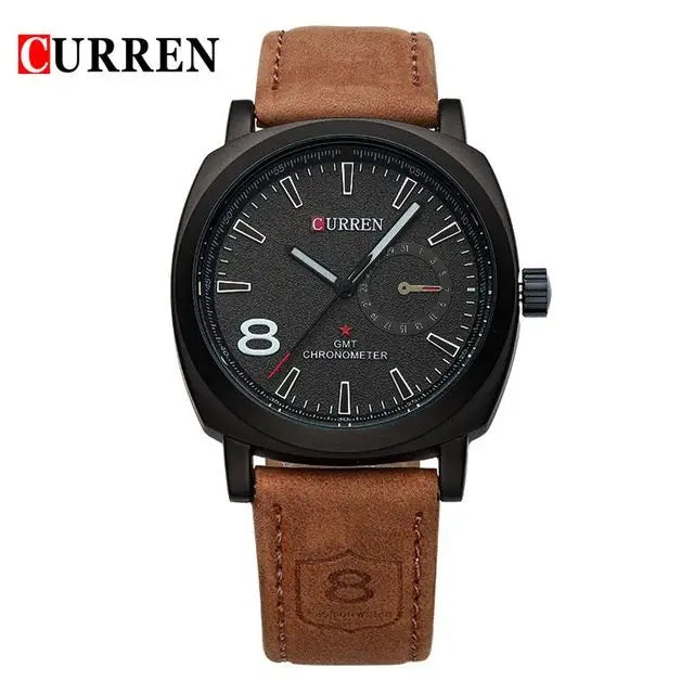 Curren Men's Premium Brown Leather Strap Quartz Watch with Black Dial