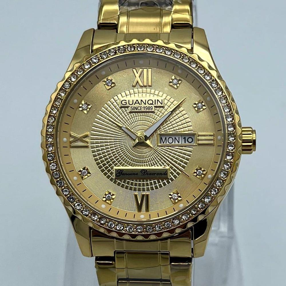 Men's Luxury Gold-Tone Stainless Steel Quartz Watch with Crystal Bezel & Date Display