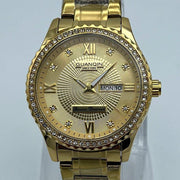 Men's Luxury Gold-Tone Stainless Steel Quartz Watch with Crystal Bezel & Date Display