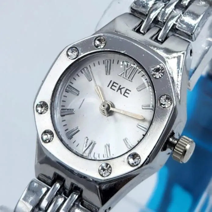 Luxury Women's Octagonal Crystal Bezel Stainless Steel Watch - Silver Sunray Dial & Roman Numerals Wristwatch