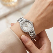Luxury Women's Octagonal Crystal Bezel Stainless Steel Watch - Silver Sunray Dial & Roman Numerals Wristwatch