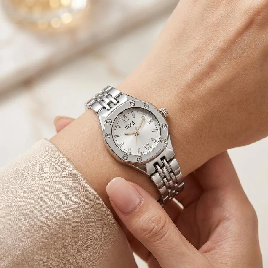 Luxury Women's Octagonal Crystal Bezel Stainless Steel Watch - Silver Sunray Dial & Roman Numerals Wristwatch