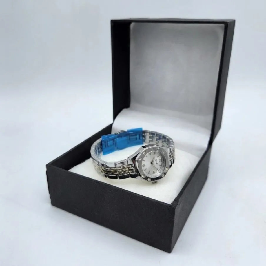 Luxury Women's Octagonal Crystal Bezel Stainless Steel Watch - Silver Sunray Dial & Roman Numerals Wristwatch
