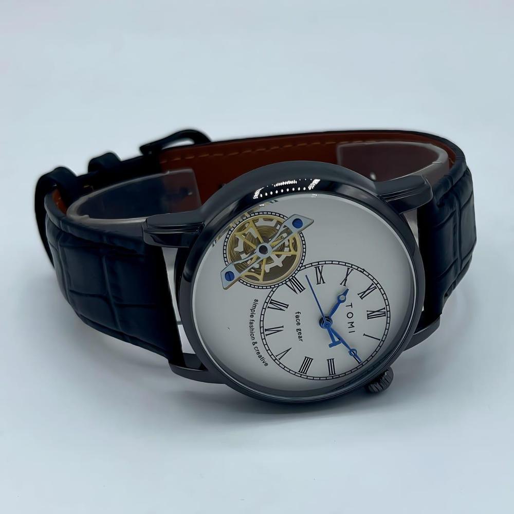 Men's Semi-Formal Leather Watch with Transparent Gear Dial & Roman Numerals