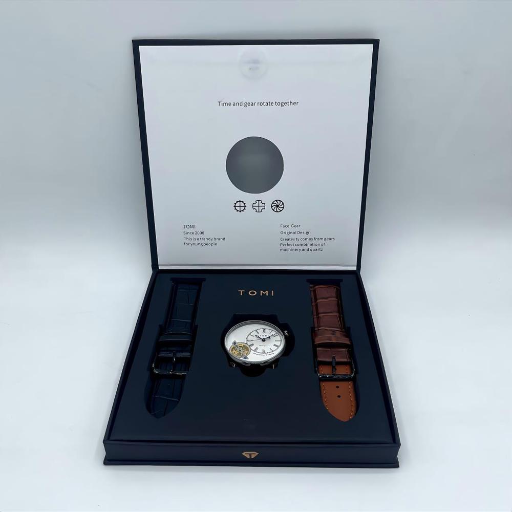 Men's Semi-Formal Leather Watch with Transparent Gear Dial & Roman Numerals