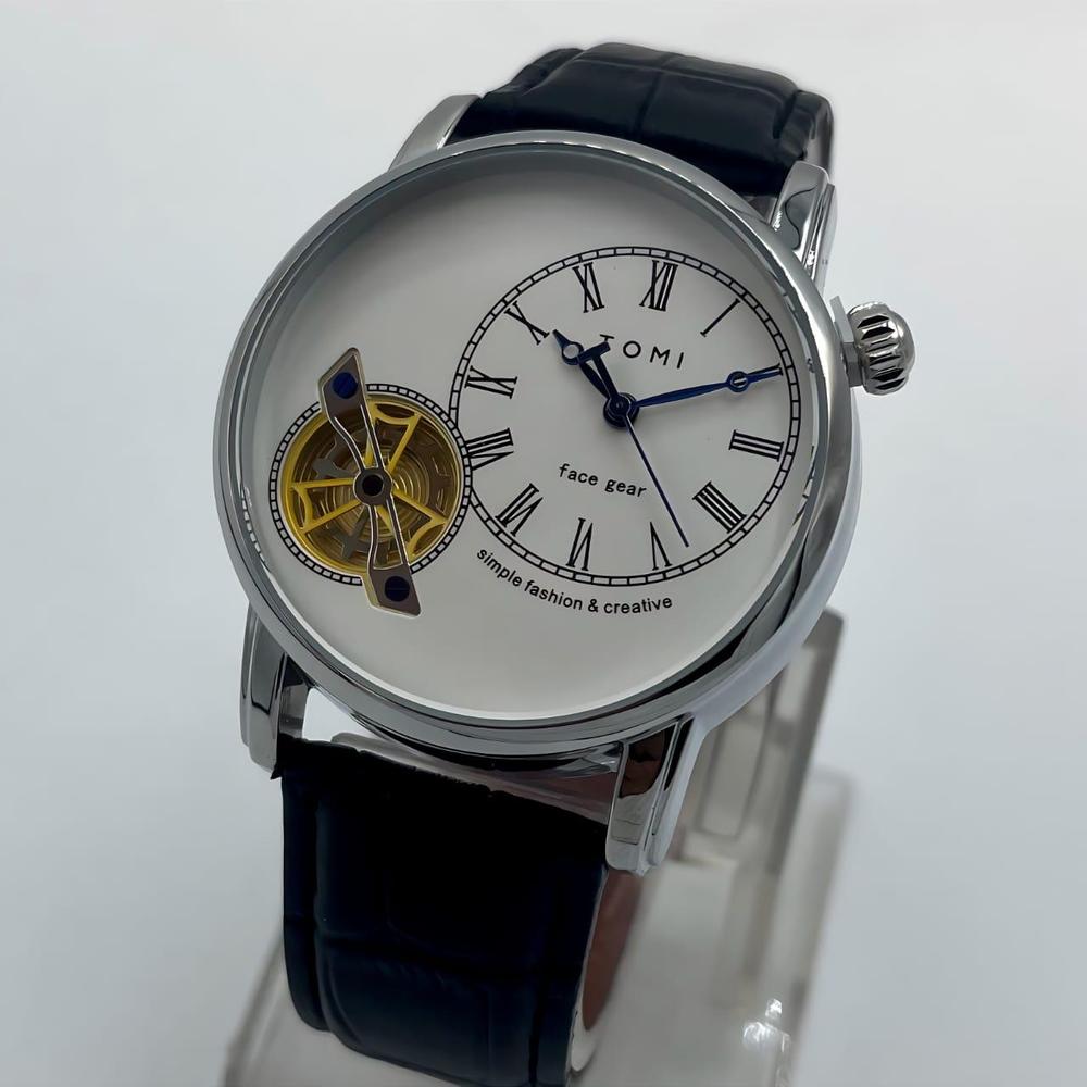 Men's Semi-Formal Leather Watch with Transparent Gear Dial & Roman Numerals