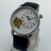 Men's Semi-Formal Leather Watch with Transparent Gear Dial & Roman Numerals