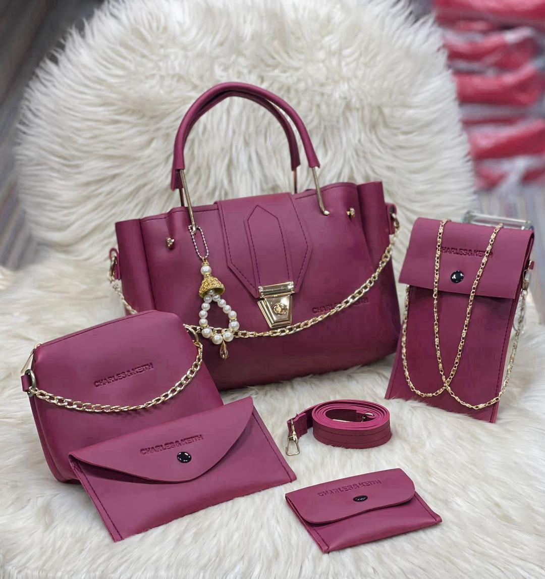 Luxury Maroon 5-Piece Leather Handbag Set For Women & Girls - Complete Combo With Gold Accents