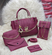 Luxury Maroon 5-Piece Leather Handbag Set For Women & Girls - Complete Combo With Gold Accents