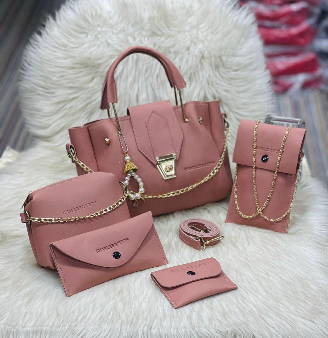 Luxury Maroon 5-Piece Leather Handbag Set For Women & Girls - Complete Combo With Gold Accents
