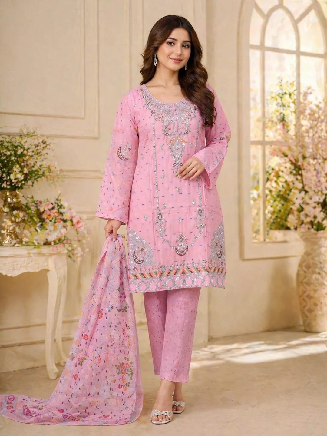 Pink Peony – Embroidered Cotton Lawn with Luxury Organza Dupatta