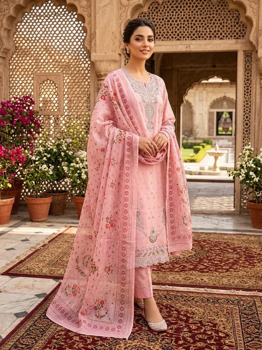 Pink Peony – Embroidered Cotton Lawn with Luxury Organza Dupatta