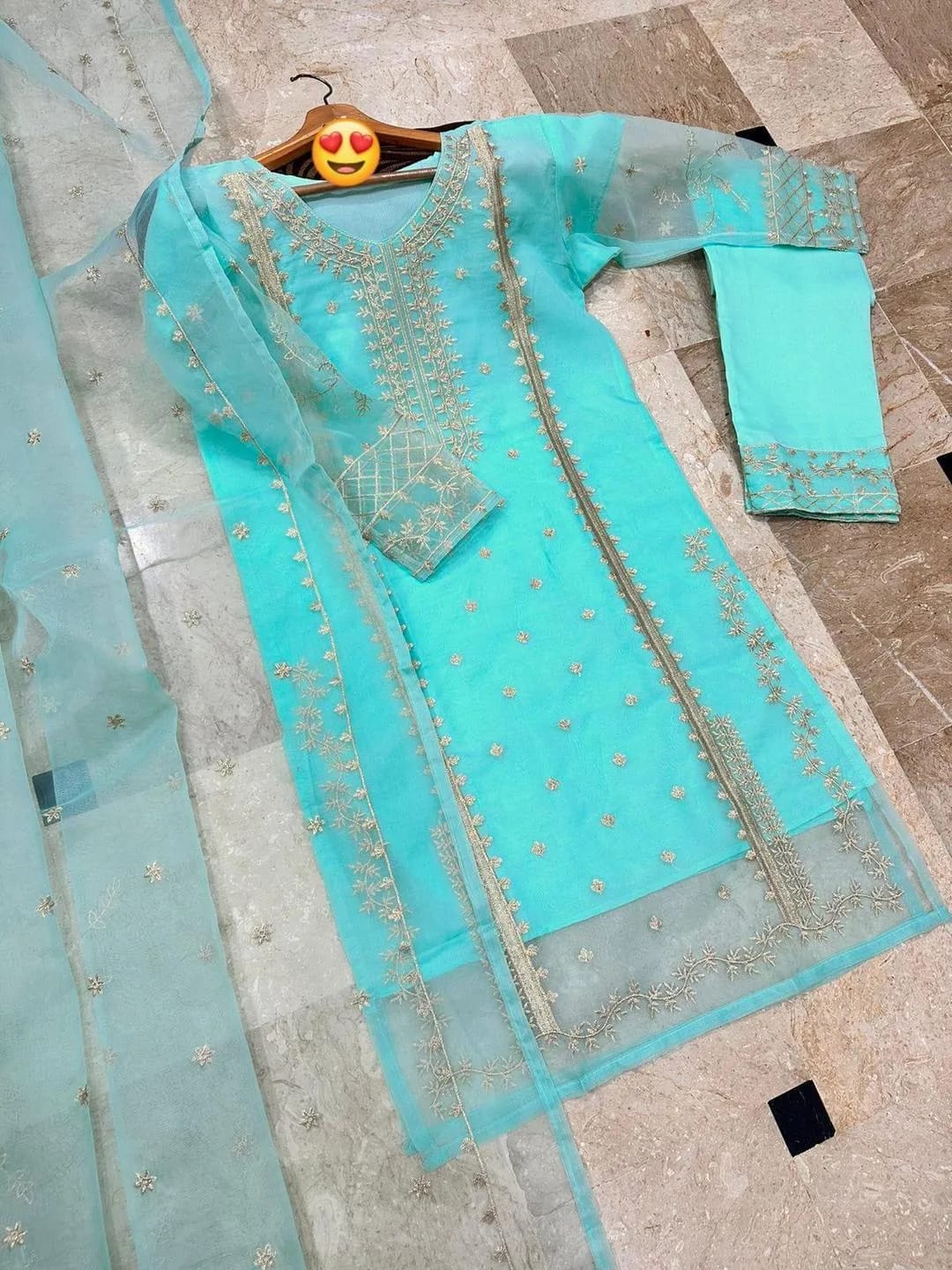 Light Blue Embroidered Organza 3-Piece – Eid Edition