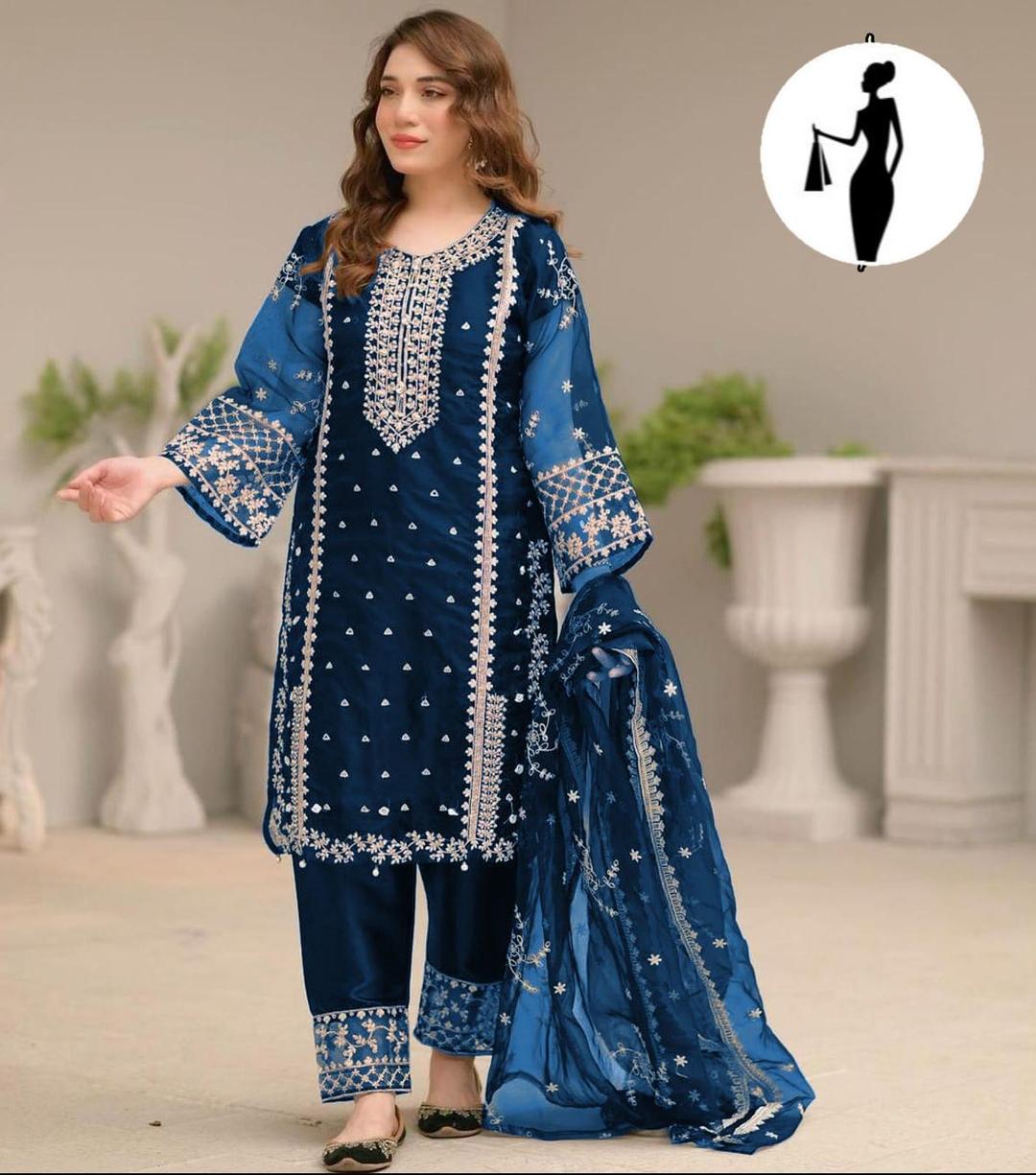 Azure Bliss – Embroidered Organza & Malai 3-Piece Eid Suit