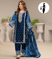 Azure Bliss – Embroidered Organza & Malai 3-Piece Eid Suit