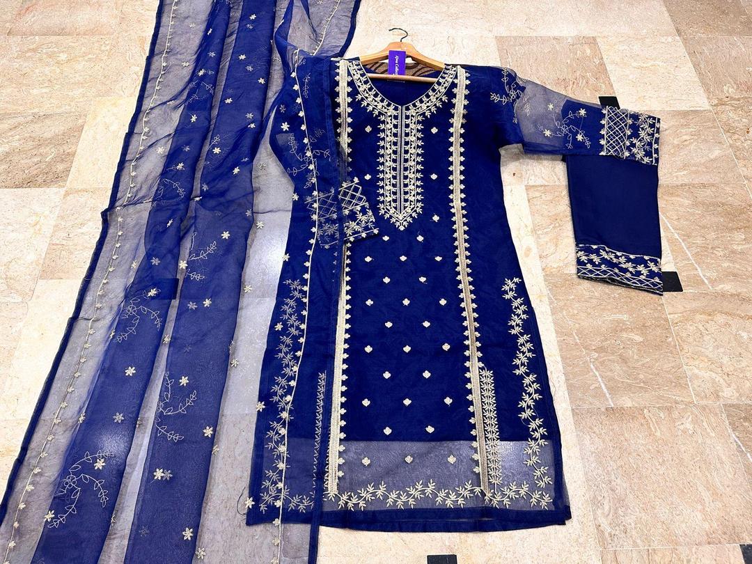 Azure Bliss – Embroidered Organza & Malai 3-Piece Eid Suit