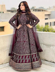 Majestic Maroon – Stitched Embroidered Anarkali 3-Piece Set