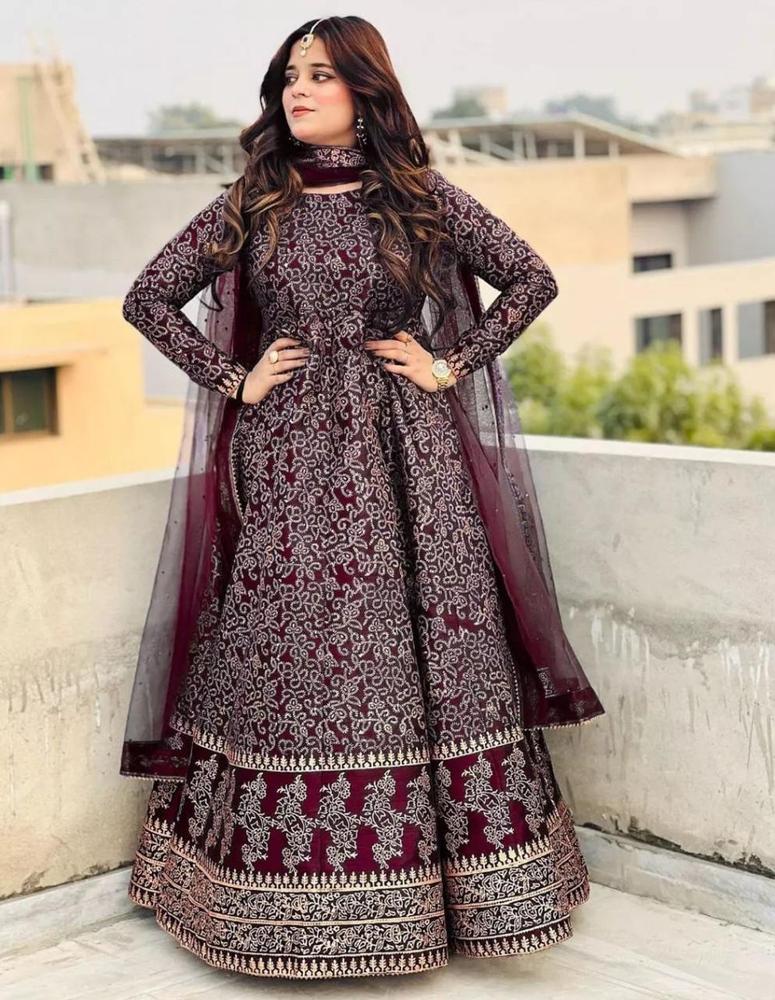 Majestic Maroon – Stitched Embroidered Anarkali 3-Piece Set