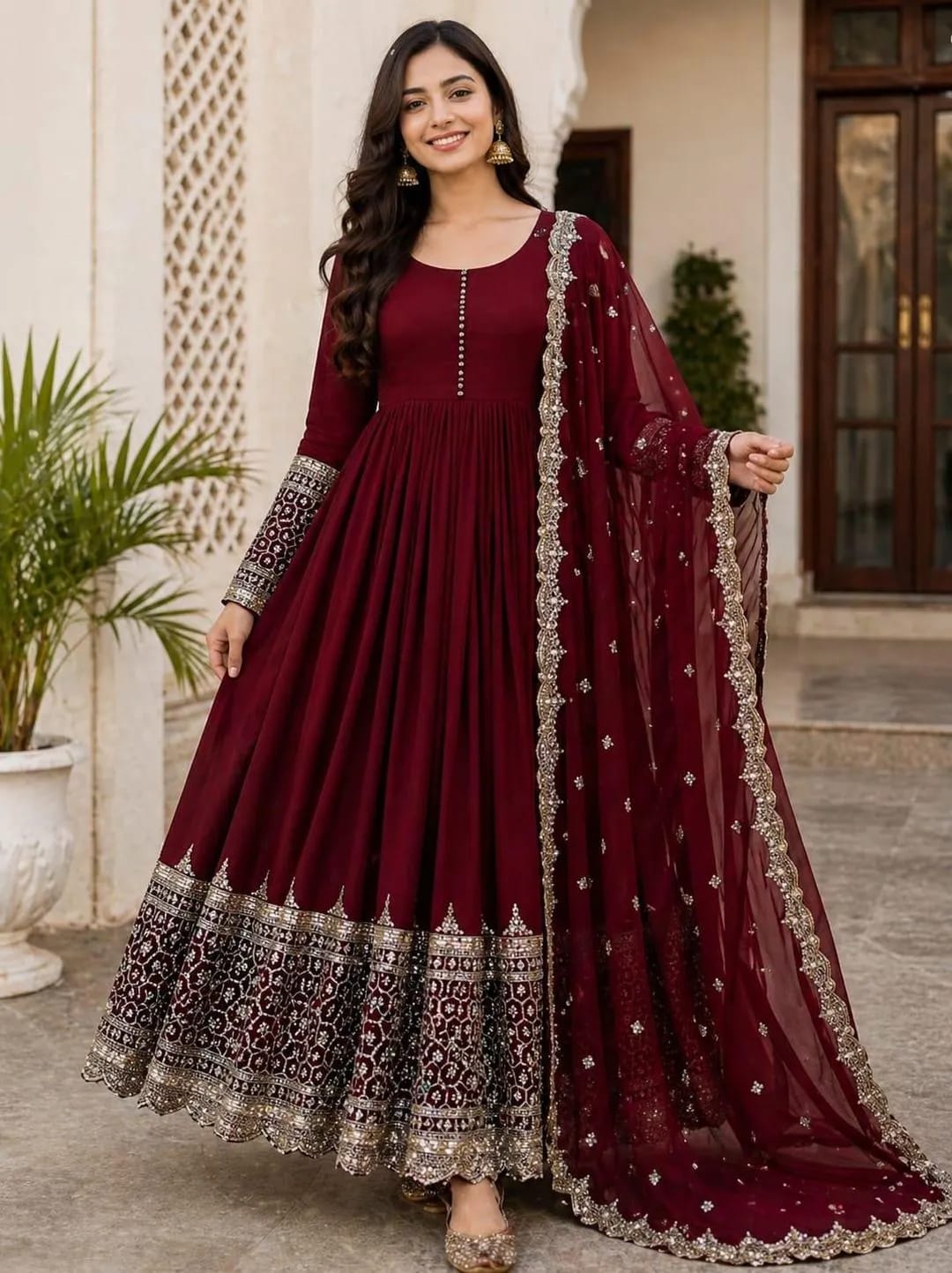 Maroon Elegance – Embroidered Chiffon Maxi Set (3-Piece)