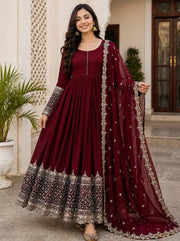 Maroon Elegance – Embroidered Chiffon Maxi Set (3-Piece)